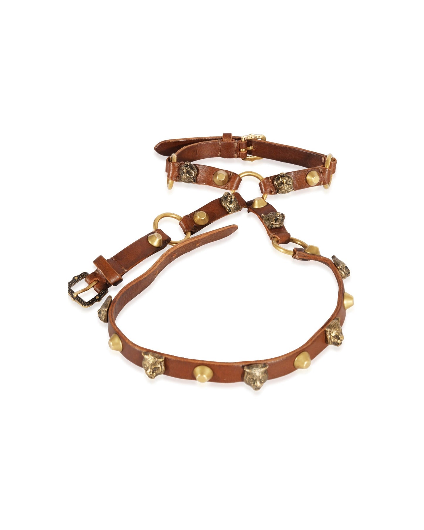 Luxury Gucci Trending 2025 Gold Tone Tang Buckle Feline Head Palm Wrap Bracelet In Brown Leather