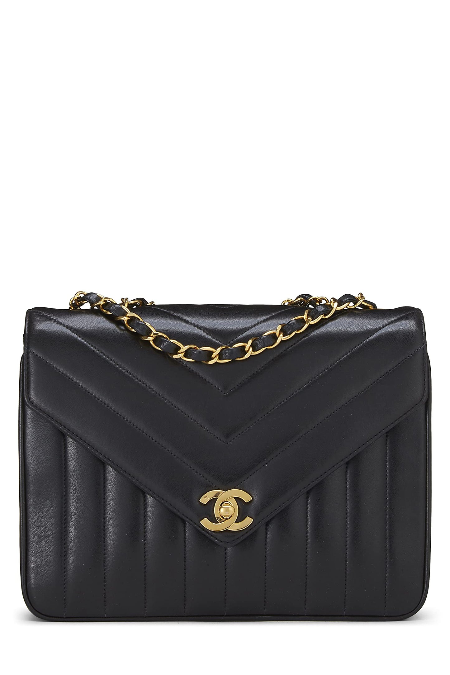 Chanel,  Black Lambskin Chevron Envelope Flap Small, Black