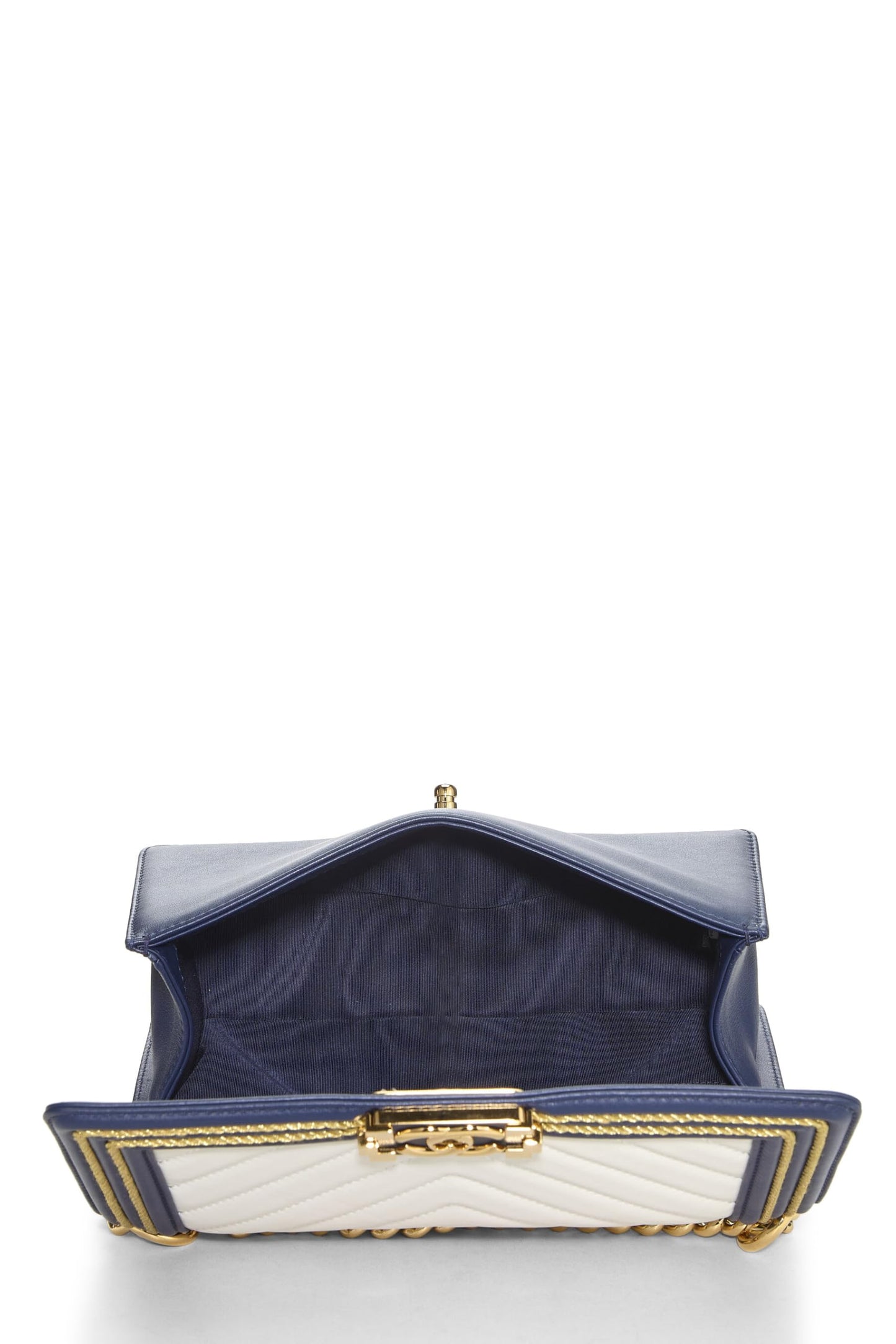 Chanel,  Navy Chevron Calfskin Border Boy Bag Medium, Navy
