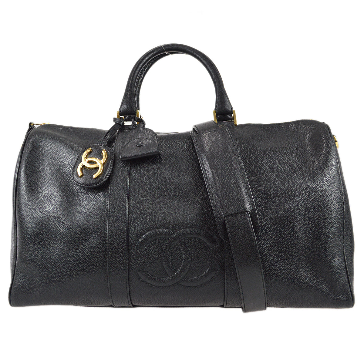Luxury Chanel Black Caviar 2way Shoulder Duffle Handbag