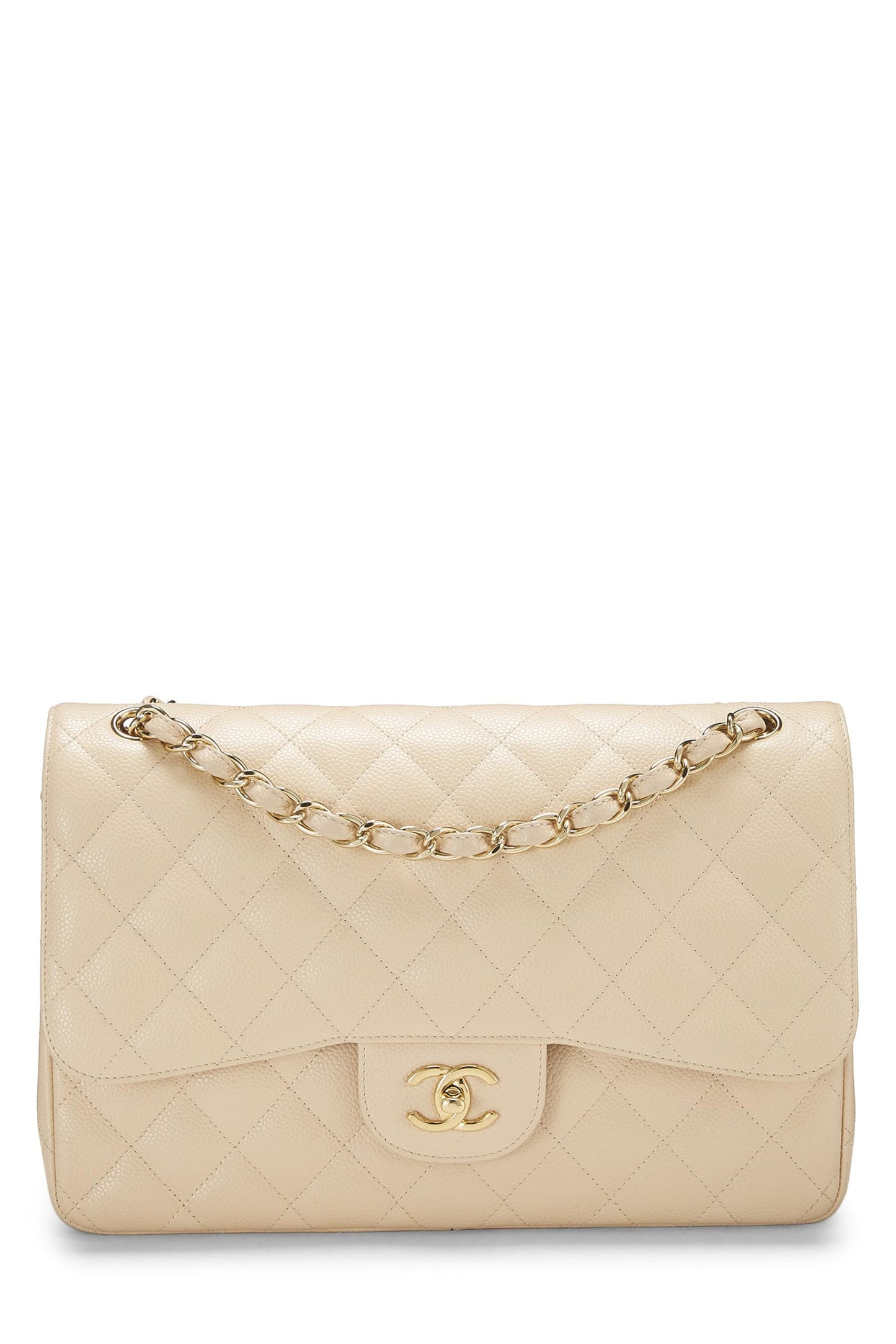 Chanel,  Beige Quilted Caviar New Classic Double Flap Jumbo, Beige