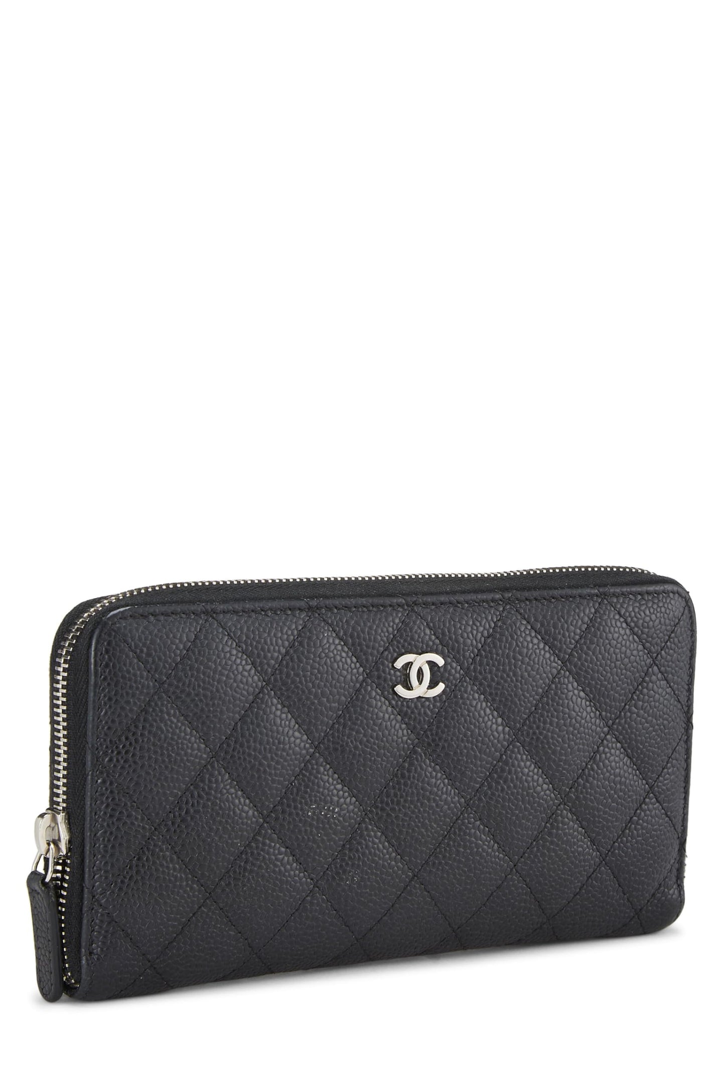 Chanel,  Black Quilted Caviar Zip Around Wallet, Black