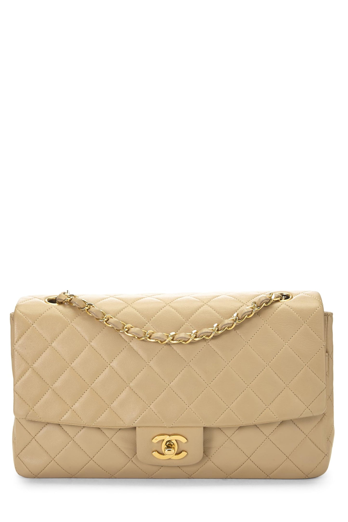 Chanel,  Beige Quilted Lambskin Half Flap Medium, Beige