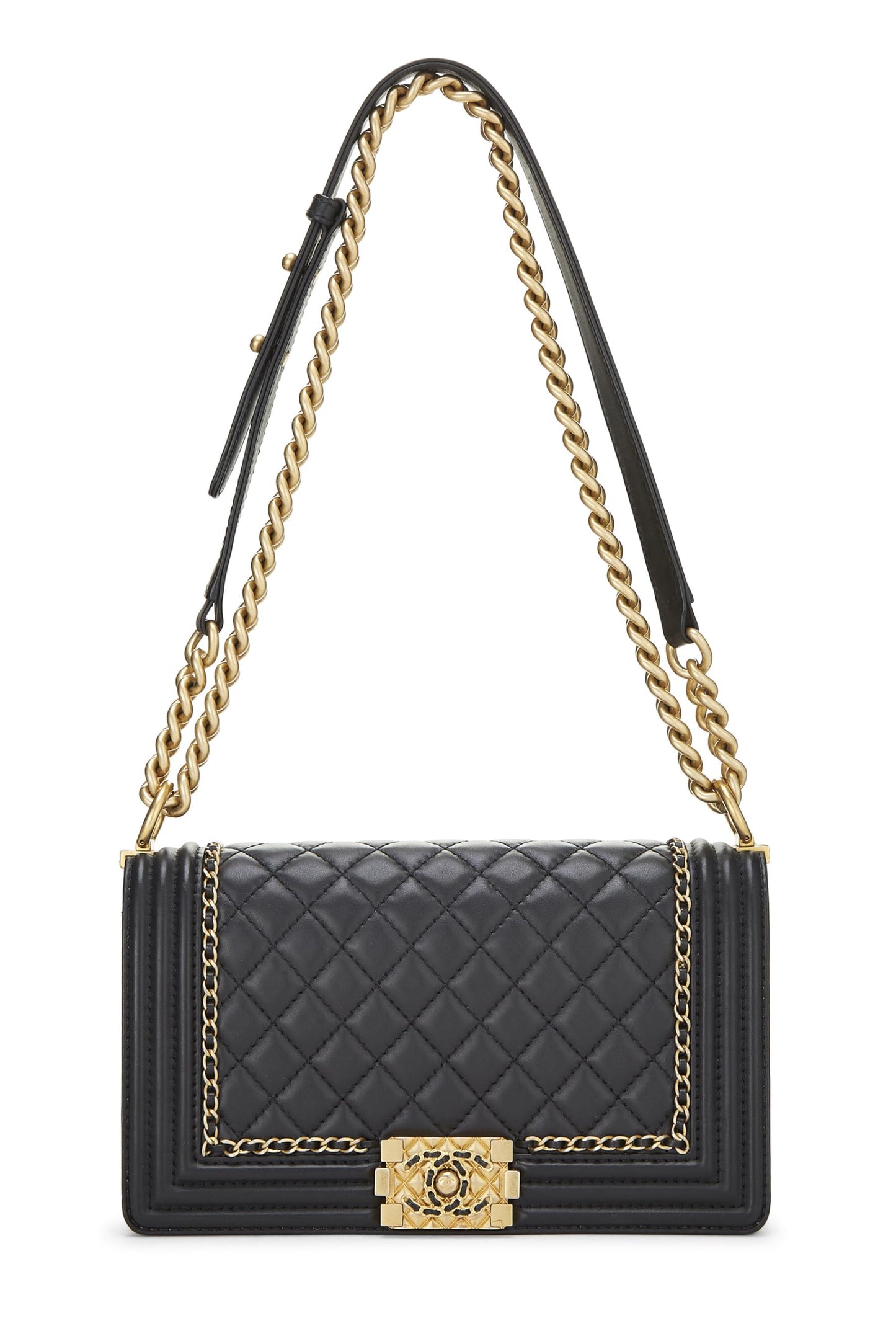 Chanel,  Black Quilted Lambskin Chain Around Boy Bag Medium, Black