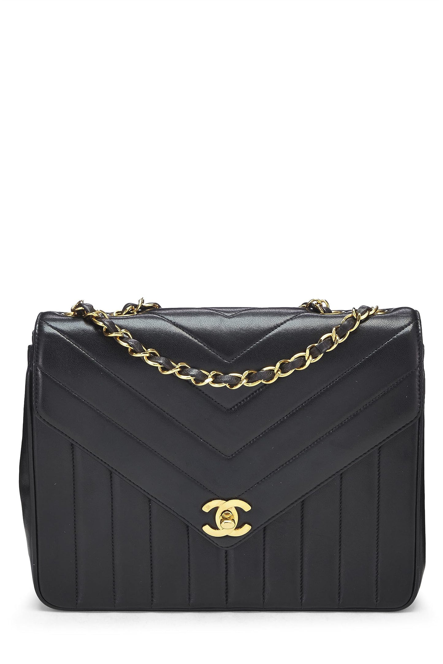 Chanel,  Black Chevron Lambskin Envelope Flap Small, Black