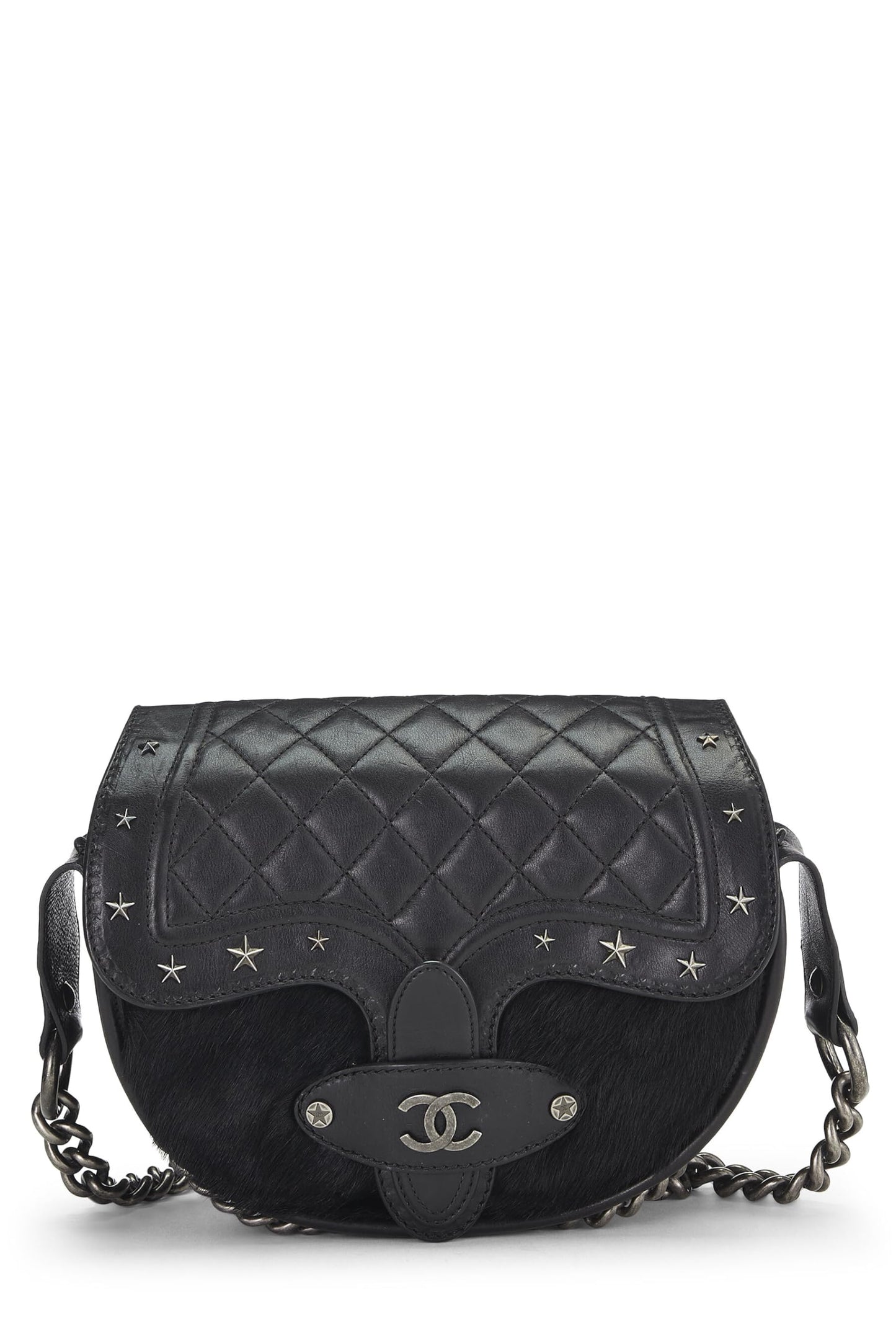 Chanel,  Paris-Dallas Black Quilted Calfskin Studded Saddle Bag, Black