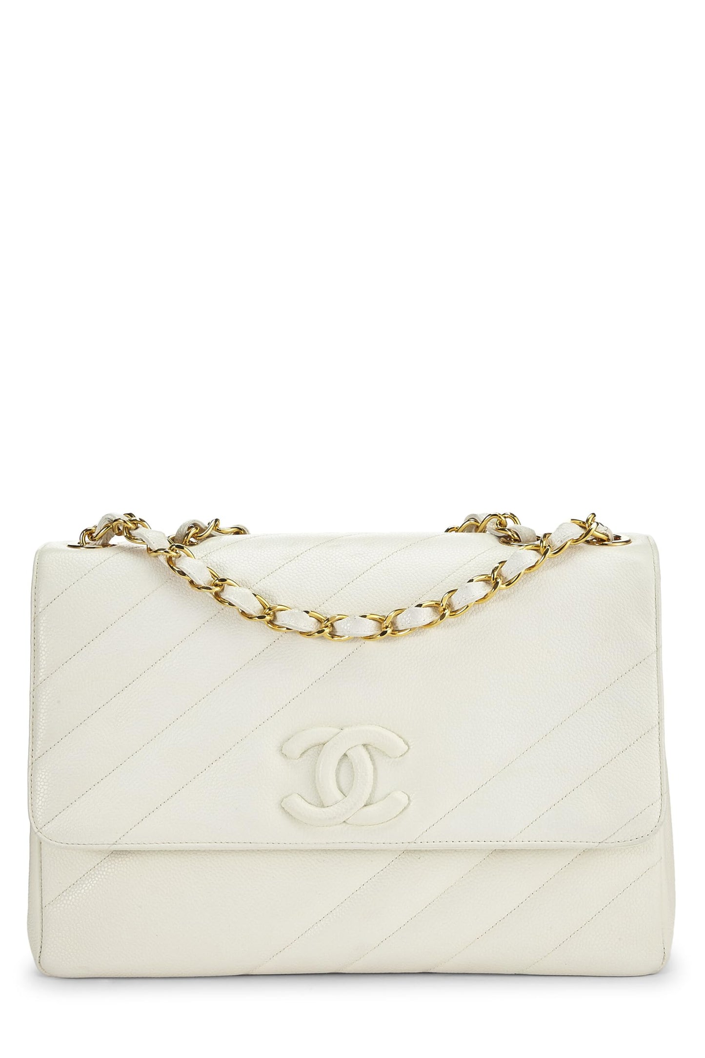 Chanel,  White Caviar Diagonal Flap Jumbo, White