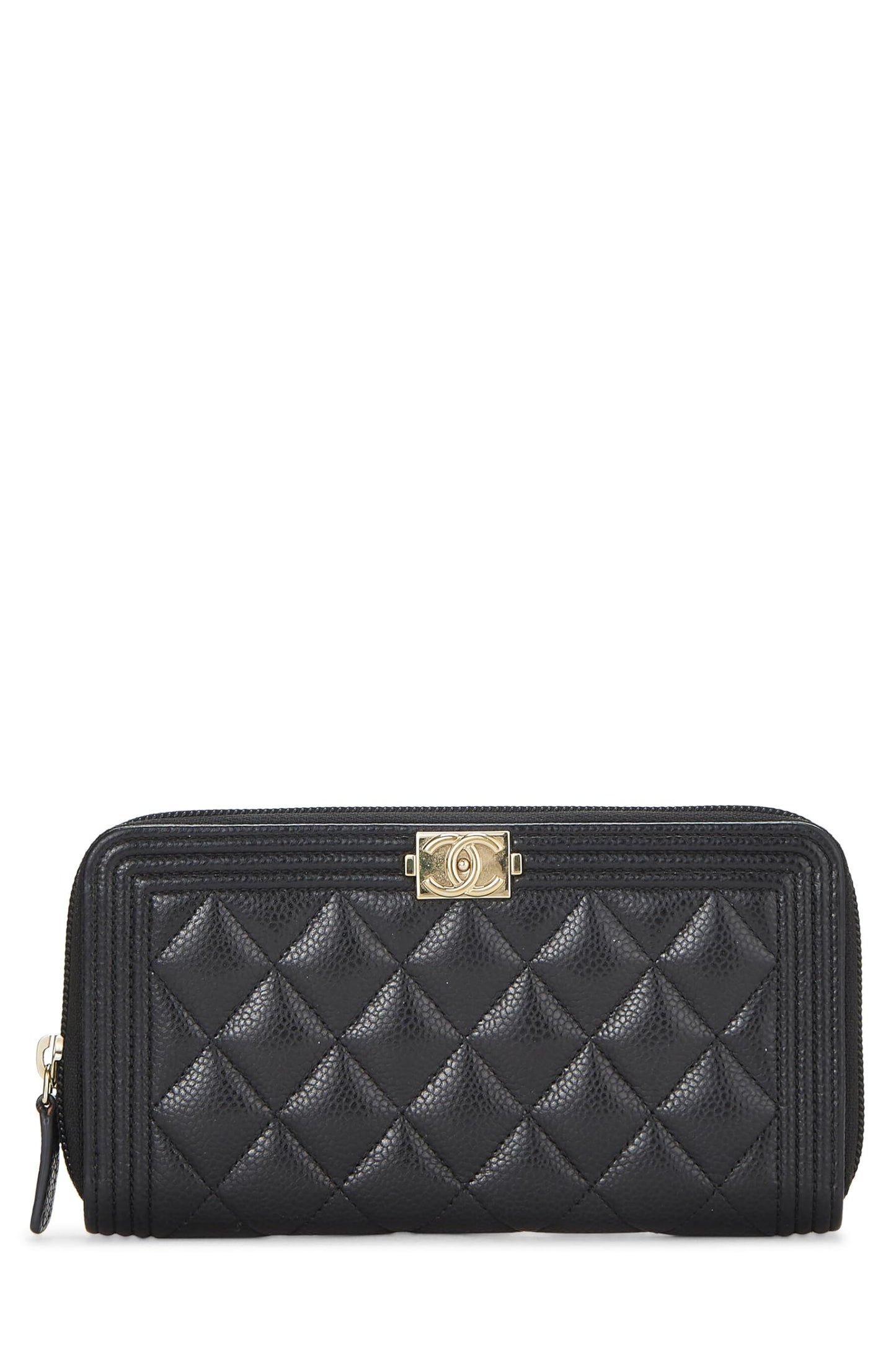 Chanel,  Black Quilted Caviar Boy Zip Around Wallet, Black