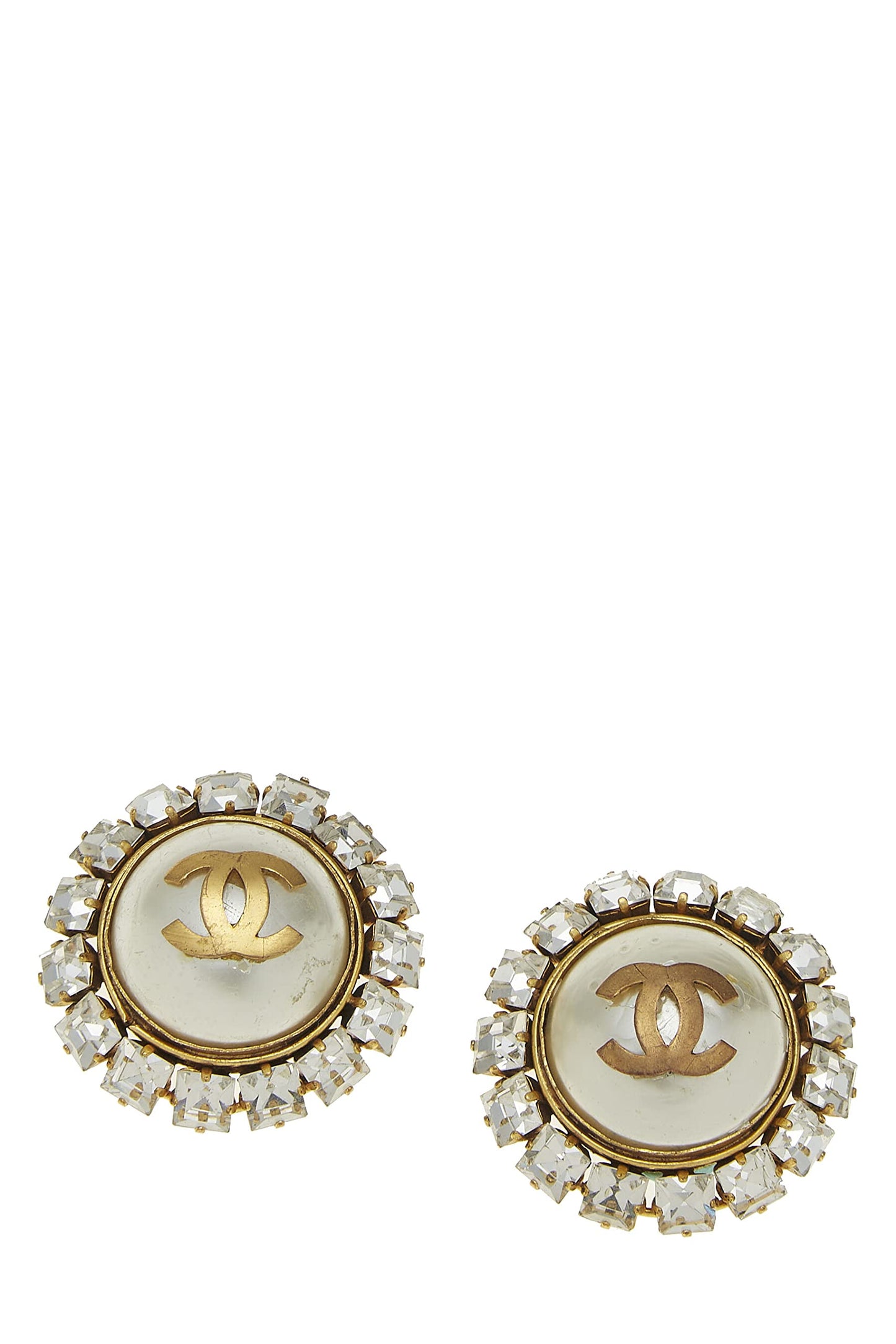 Chanel,  Gold & Crystal 'CC' Faux Pearl Earrings, Gold
