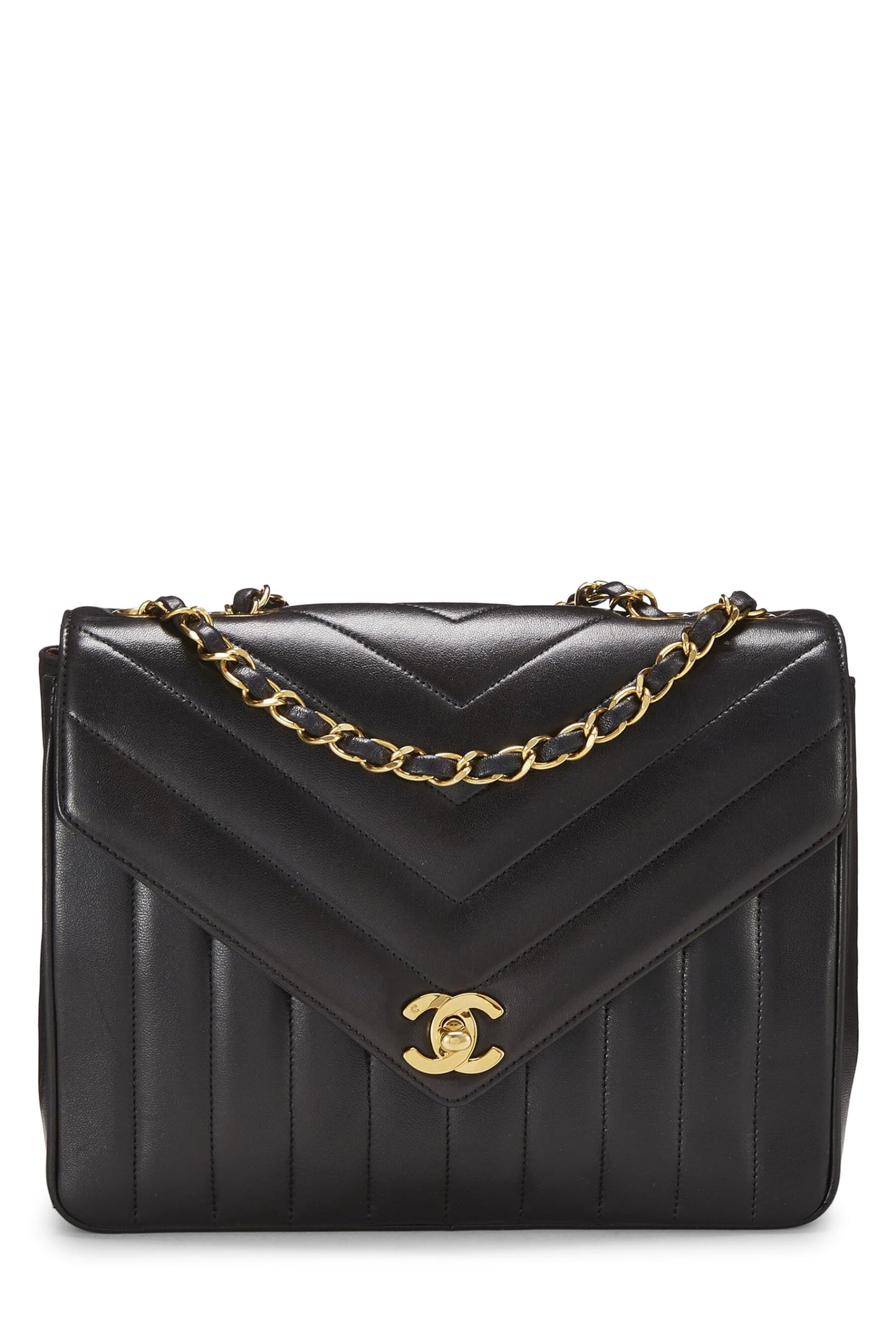 Chanel,  Black Lambskin Chevron Envelope Flap Small, Black