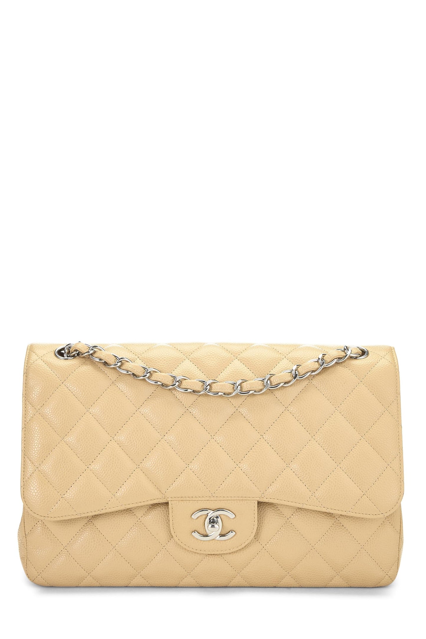 Chanel,  Beige Quilted Caviar New Classic Double Flap Jumbo, Beige