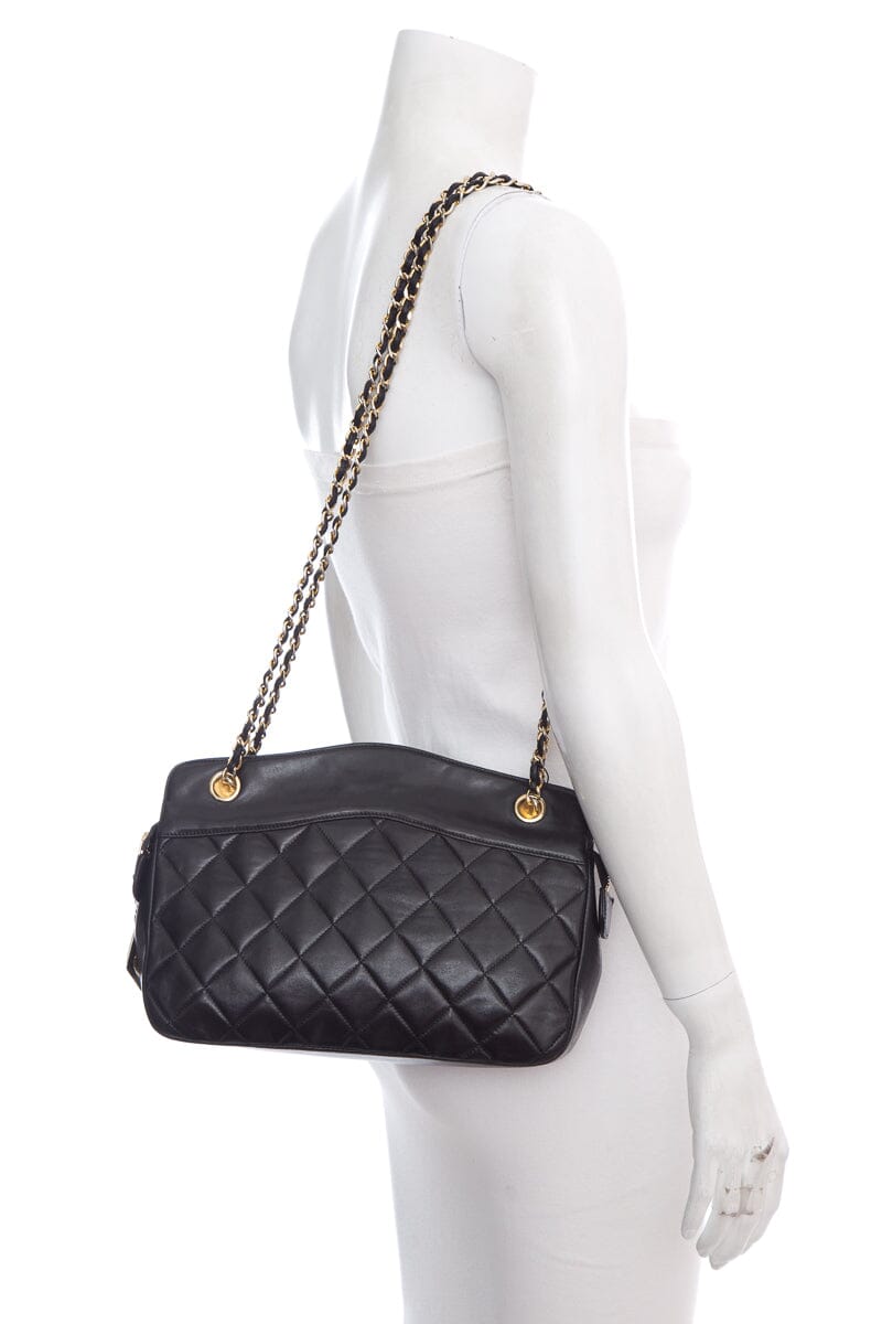 Luxury Chanel Vintage Black Quilted Medallion Zip Tote  Shoulder Bag