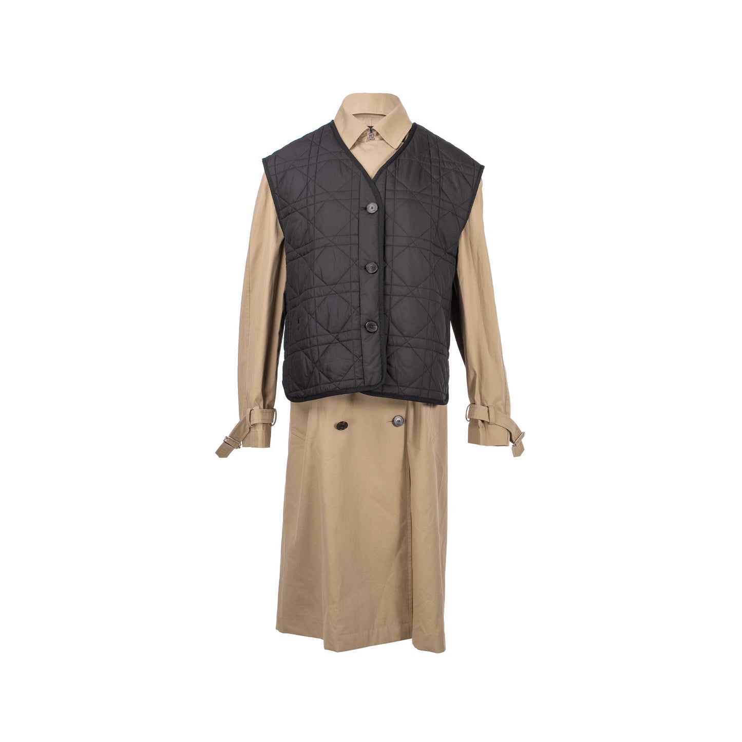 Luxury Dior Size 36 Trench Coat With Macrocannage Quilted Vest Cotton/Polyester Beige/Black