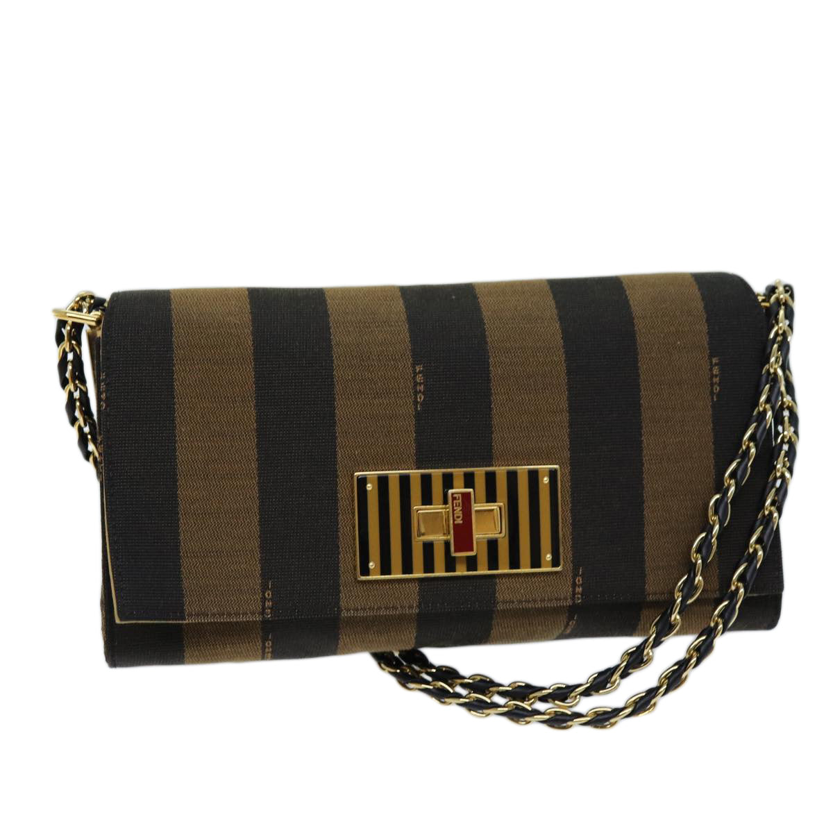 Luxury Fendi Pecan Canvas Chain Shoulder Bag Brown Black73036