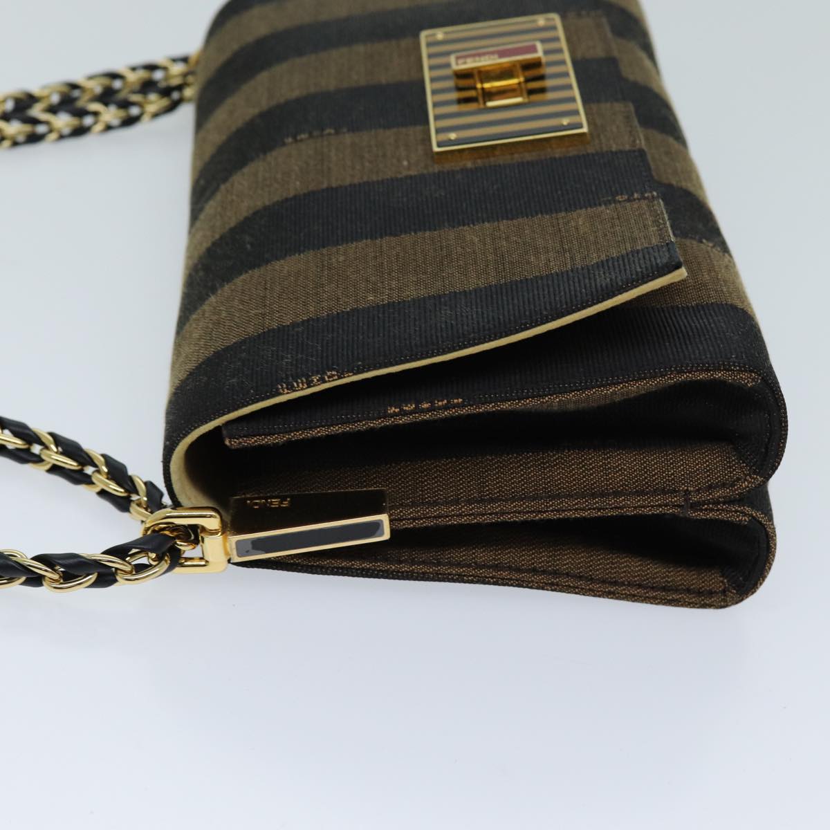 Luxury Fendi Pecan Canvas Chain Shoulder Bag Brown Black73036