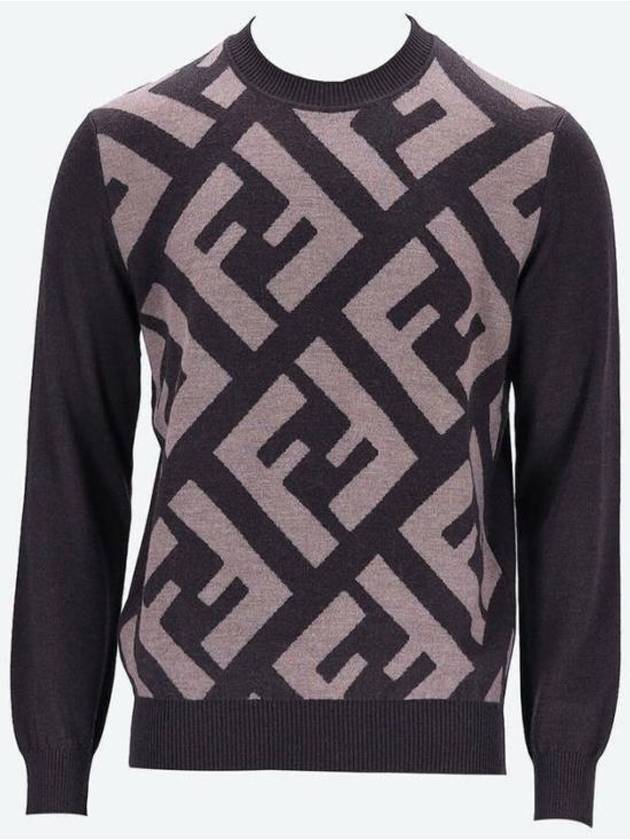 Luxury Fendi Monogram Jacquard Wool Crewneck Knit Top Brown