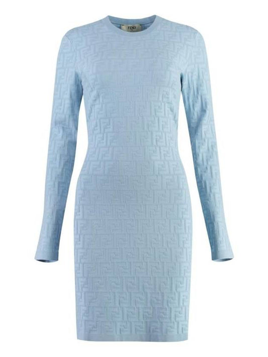 Luxury Fendi FF Pattern Viscose Short Dress Blue