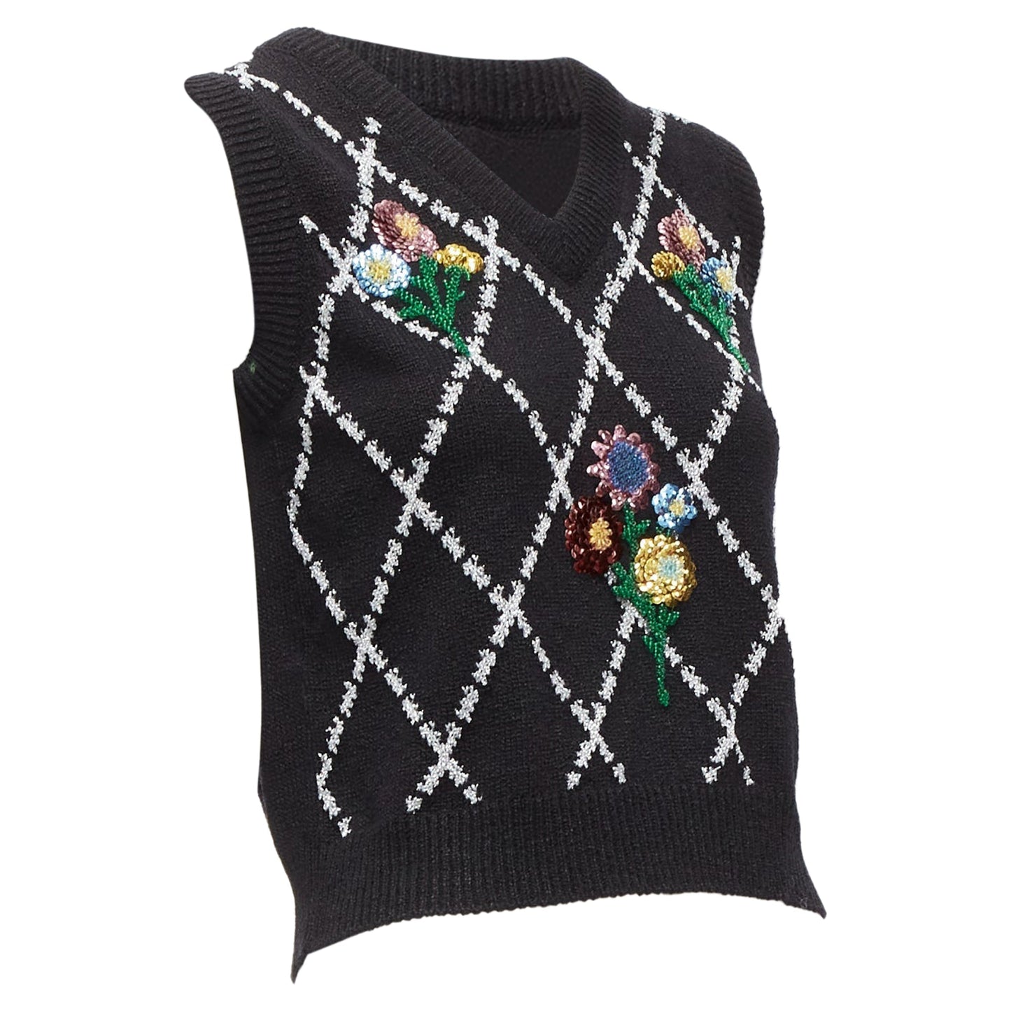 Gucci silver diamong argyle floral embellished sweater vest