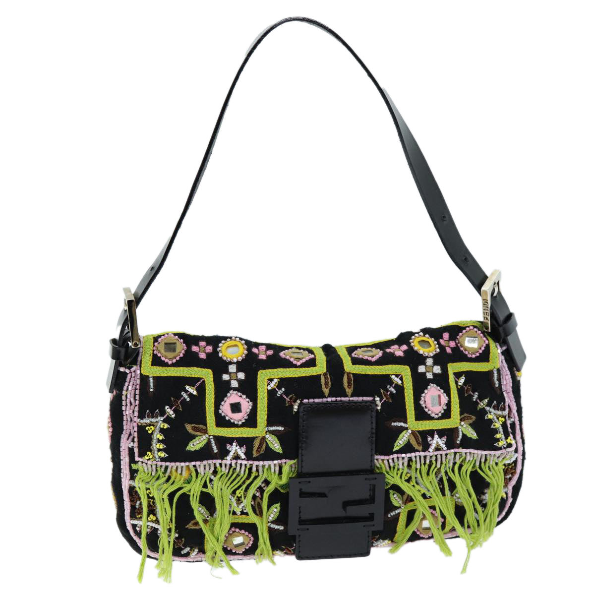 Luxury Fendi Mamma Baguette Shoulder Bag beads Black75387A