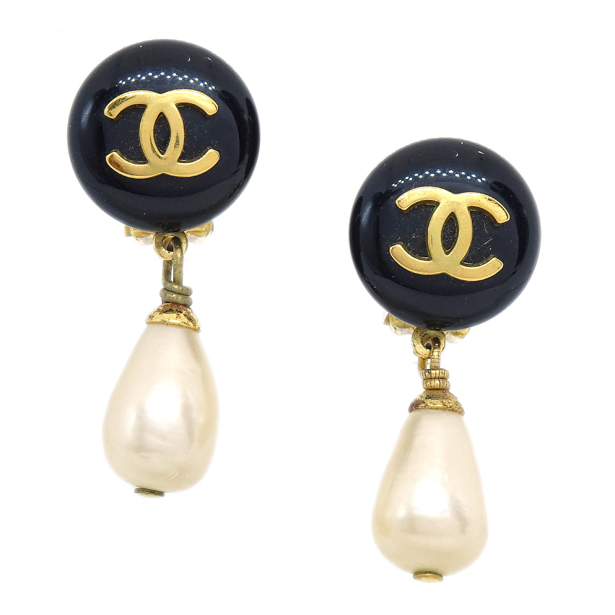 Luxury Chanel 1995 CC Black & Faux Teardrop Pearl Dangle Earrings