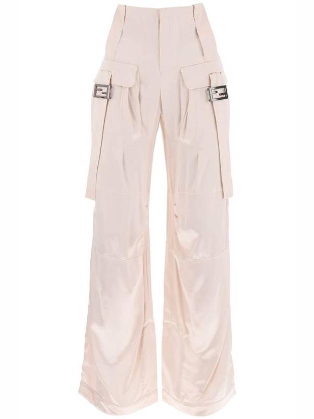 Luxury Fendi Women's Viscose Shiny Cargo Straight Pants Beige