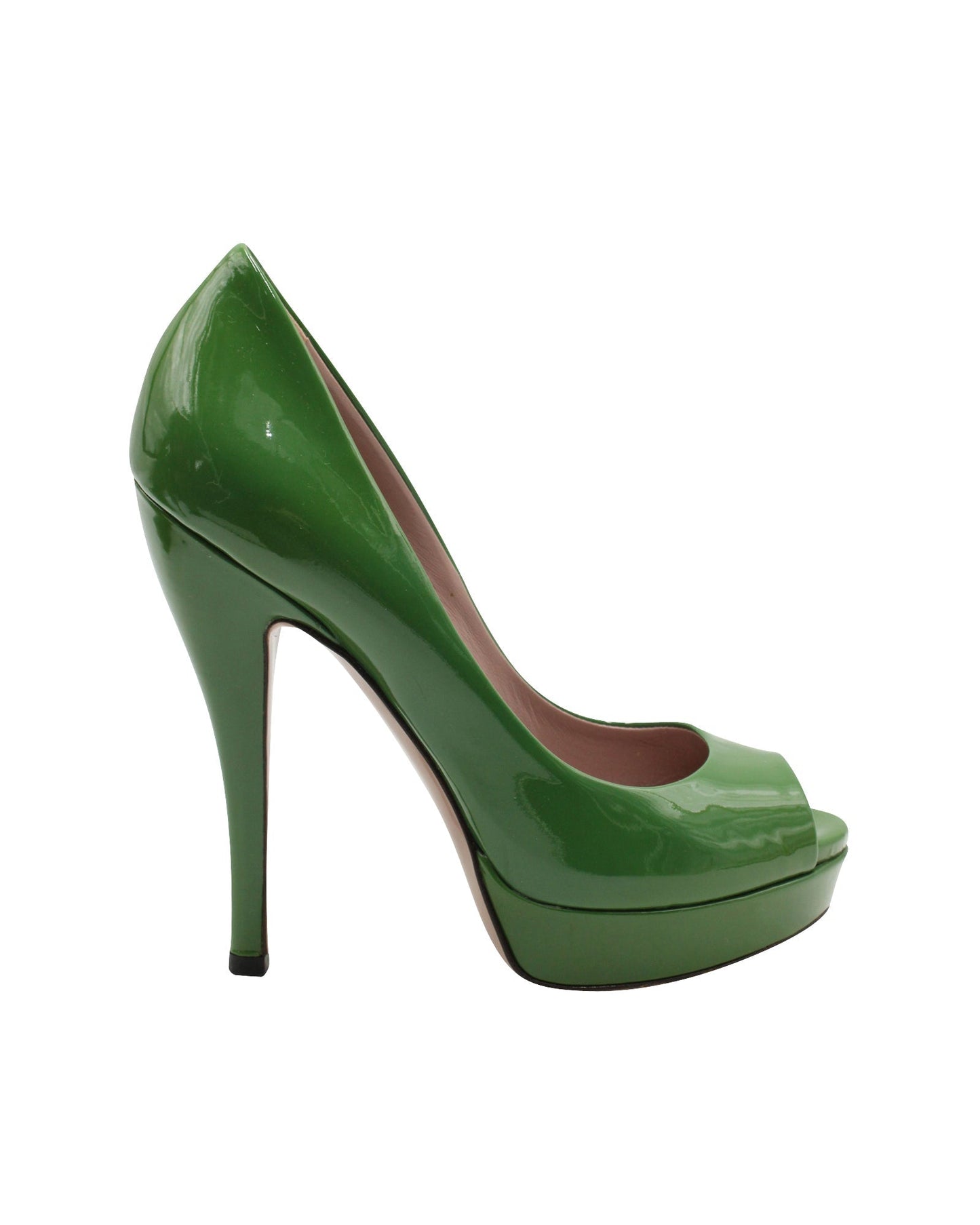 Luxury Gucci Trending 2025 Peep-Toe High Heel Pumps in Green Patent Leather