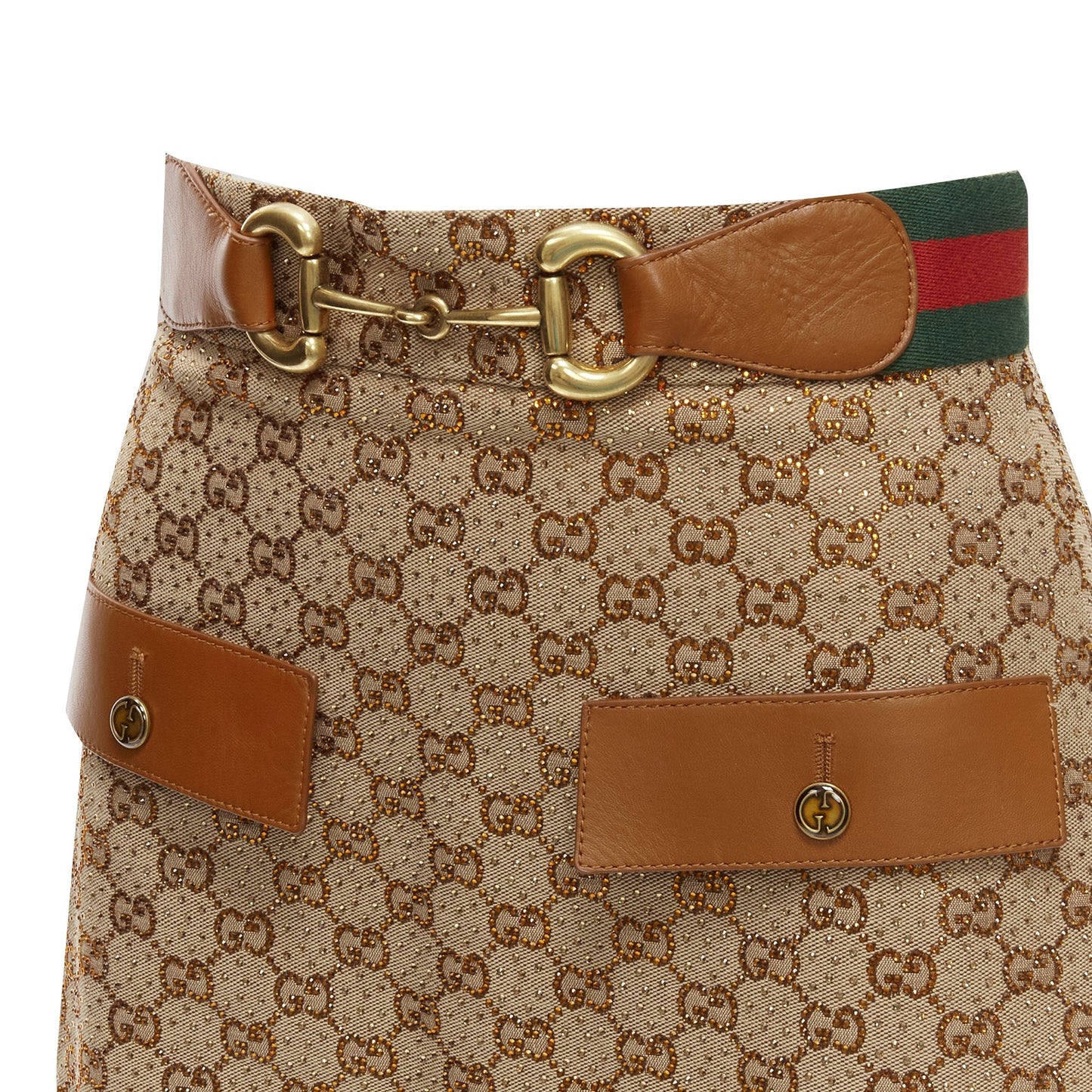 Gucci Aria GG monogram crystal leather horsebA-line midi skirt