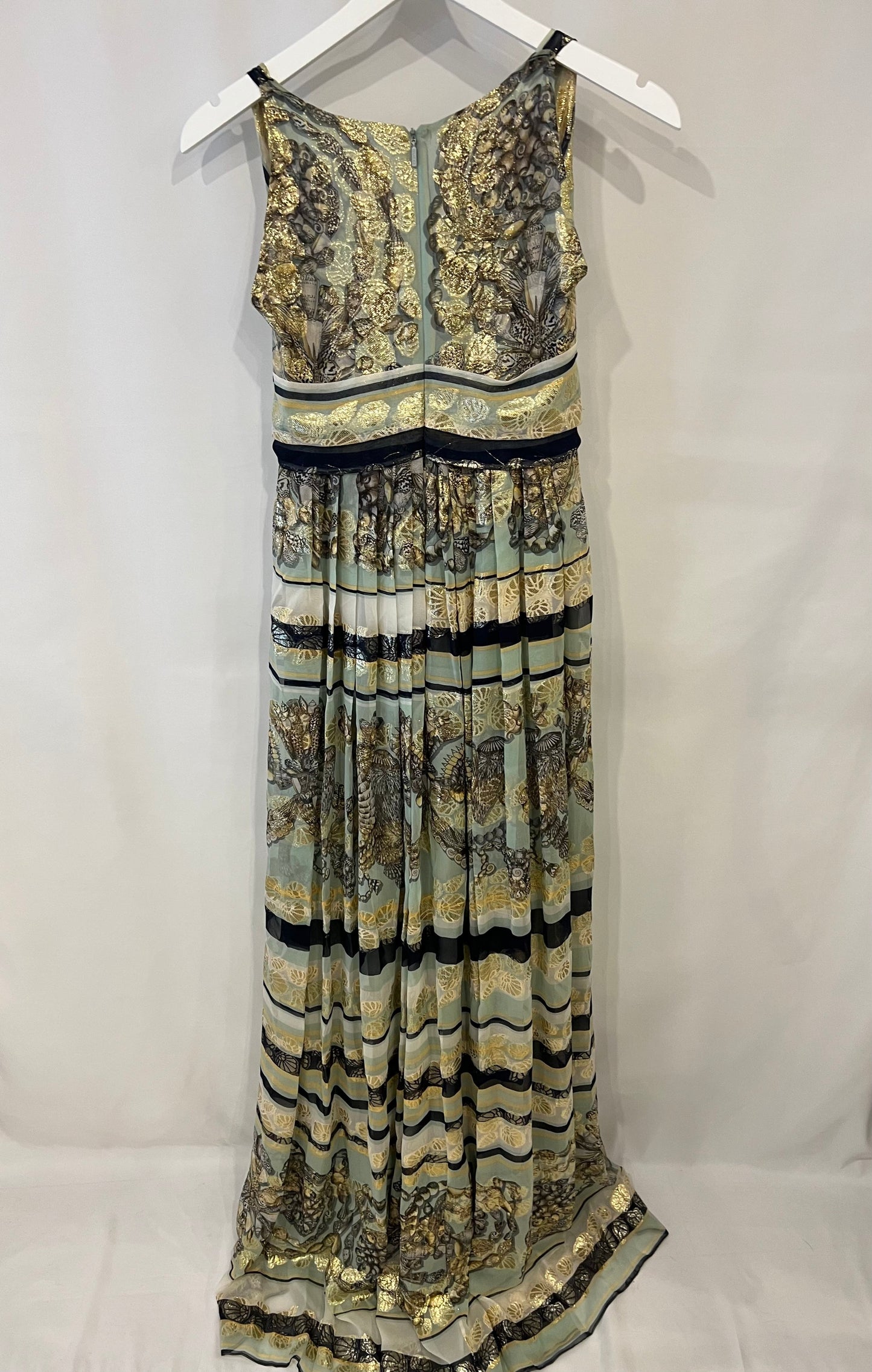Luxury Gucci Pastel Green Printed Long Silk Dress with Gold Embellishments Size IT 38 (UK 6)