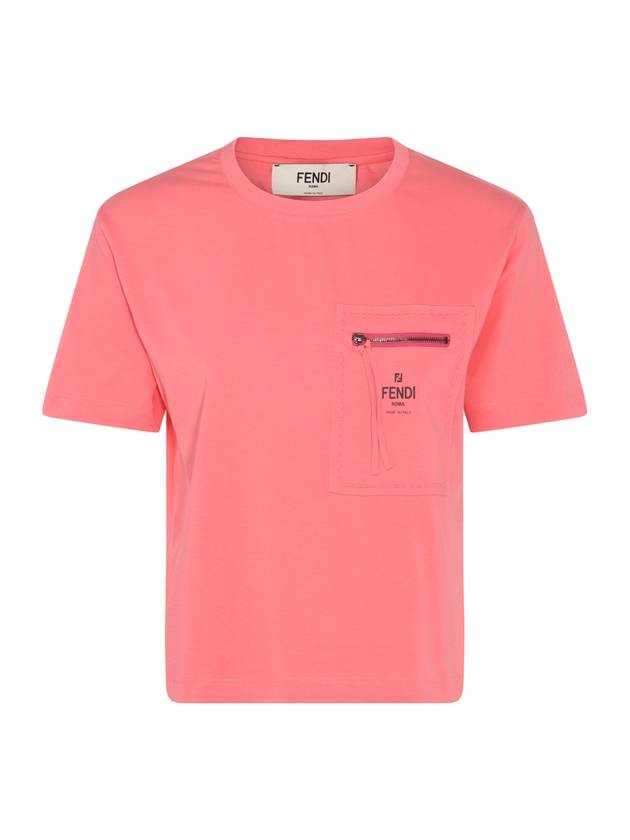 Luxury Fendi Logo Zipper Pocket Cropped Short Sleeve T-Shirt Pink