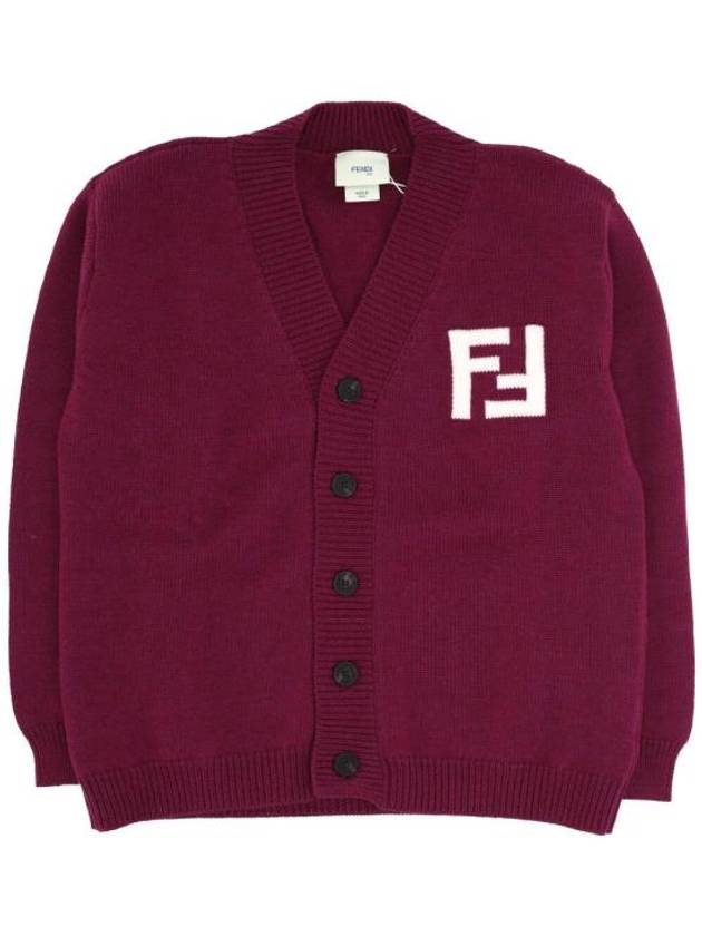 Luxury Fendi Kids FF Logo V-Neck Cardigan Burgundy