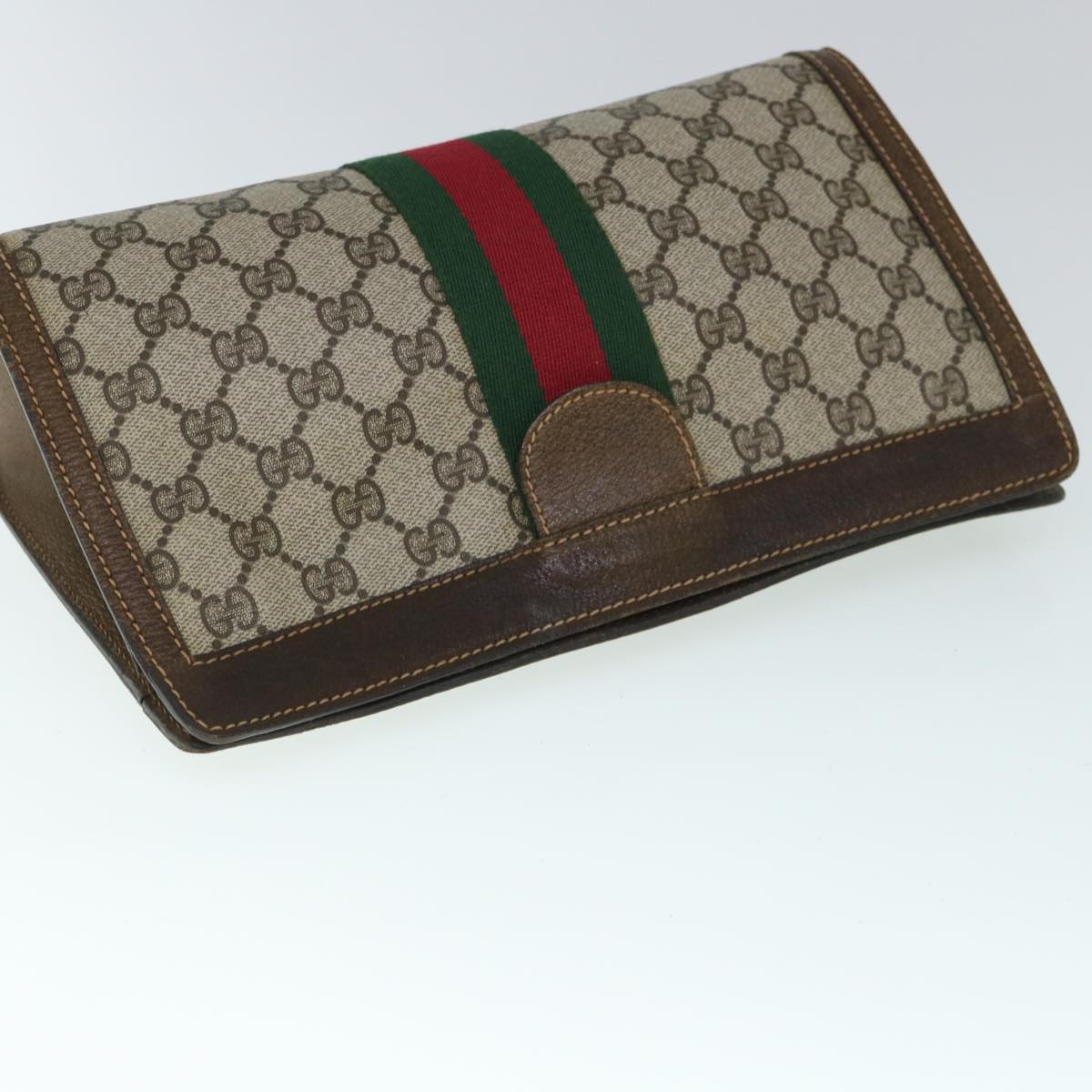 Gucci GG Canvas Web Sherry Line Clutch Bag PVC Leather Beige Green