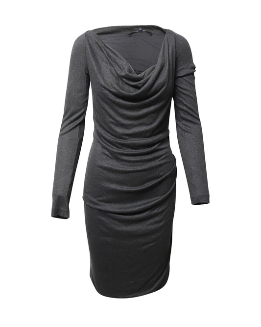 Luxury Gucci Trending 2025 Anthracite Cowl Neck Midi Dress in Grey Cashmere