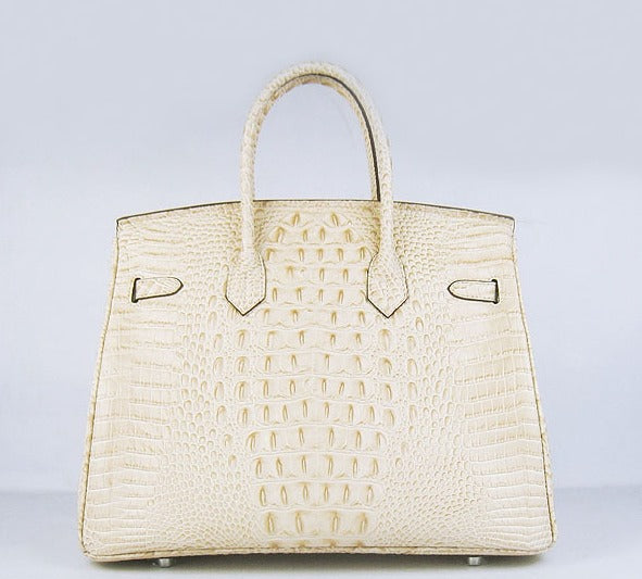 Luxury Hermes Birkin 35cm Crocodile Head Veins Handbags Beige Silver