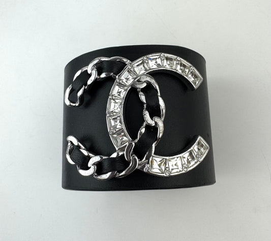 Chanel Lambskin Baguette Crystal CC Chain Cuff Bracelet black