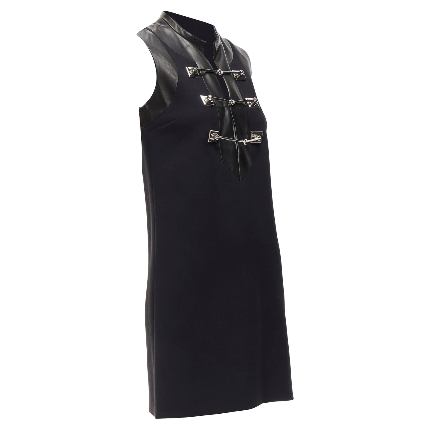 Gucci Wool Leather Silver Horsebit Buckle Shift Dress