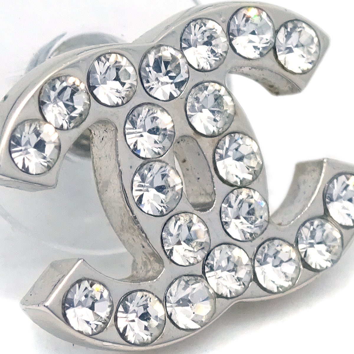 Luxury Chanel CC Rhinestone Piercing Earrings Silver 05V