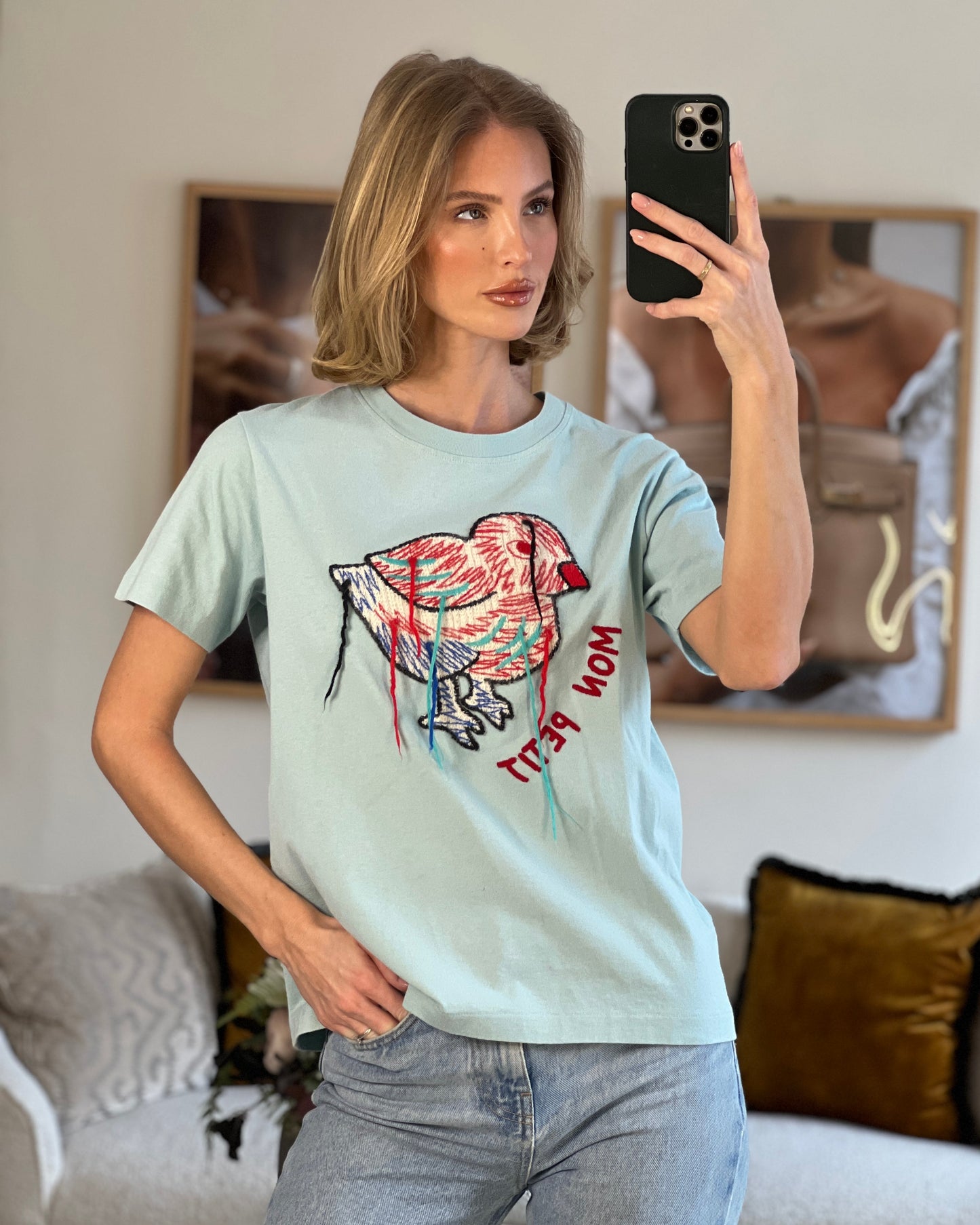 Luxury Gucci Trending 2025 Baby Blue Cotton T Shirt with Embroidered Bird Size S