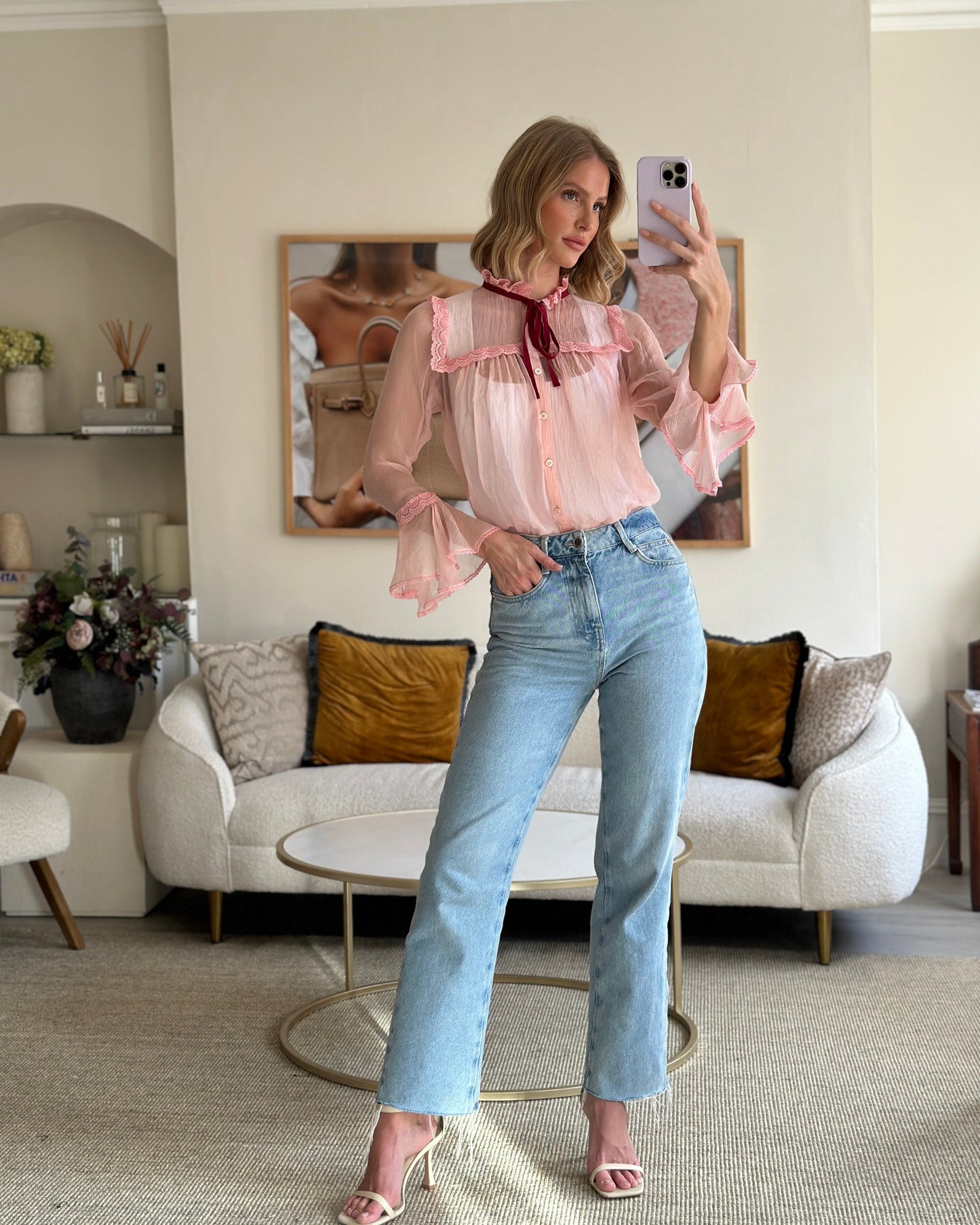 Luxury Gucci Pink Silk Pearl Button Down Shirt with Crochet Trim Detailing IT 36 (UK 4)