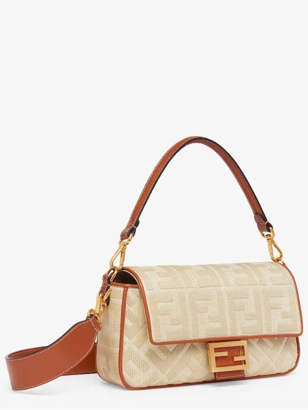 Luxury Fendi FF Logo Baguette Rafia Shoulder Bag Beige