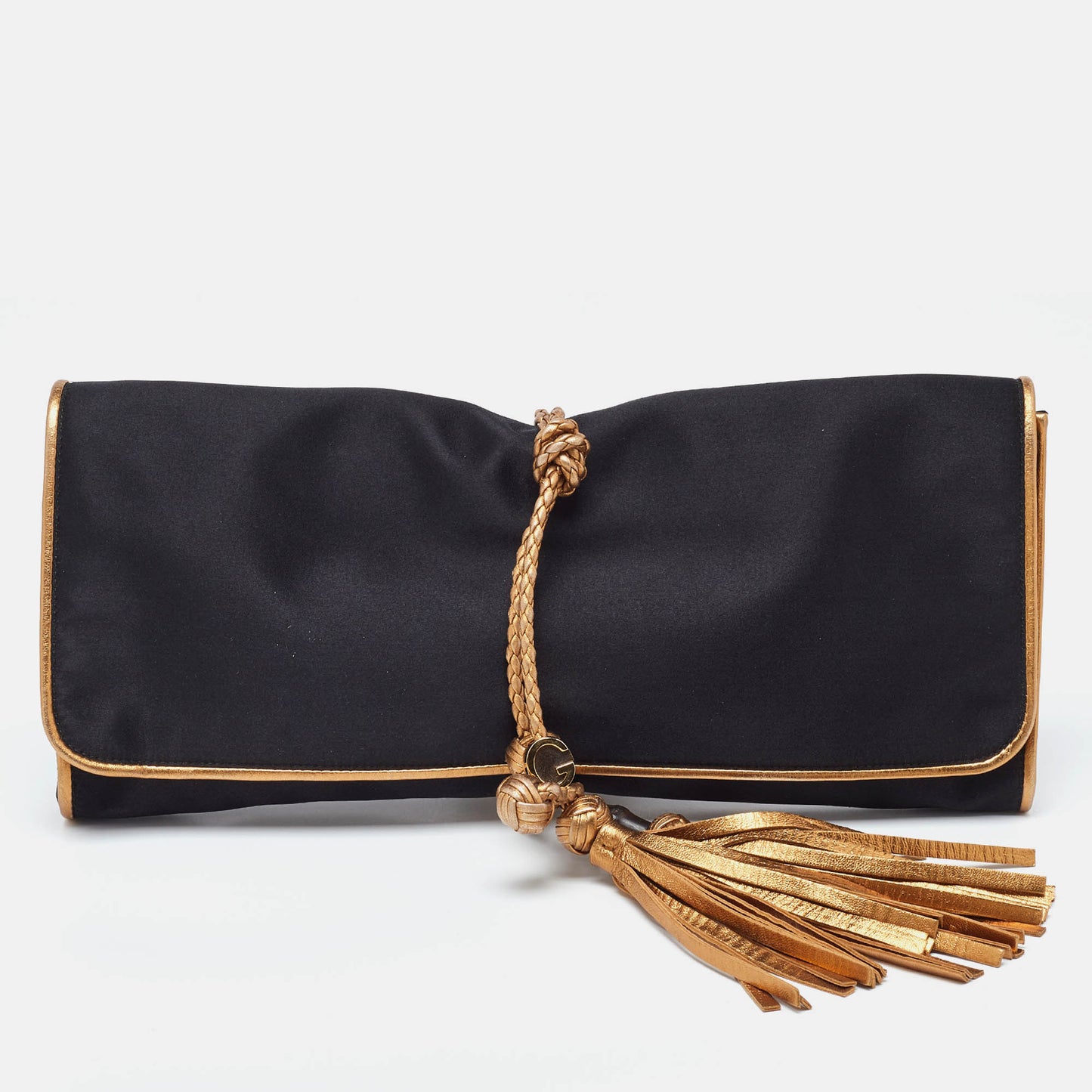 Luxury Gucci Trending 2025 Black/Gold Satin Malika Tassel Clutch