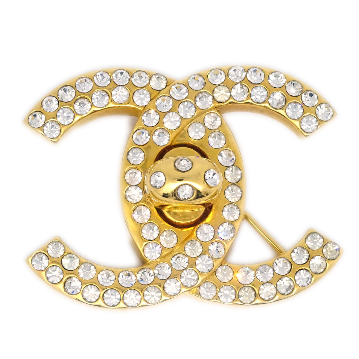 Luxury Chanel CC Turnlock Rhinestone Brooch Pin Gold 96P