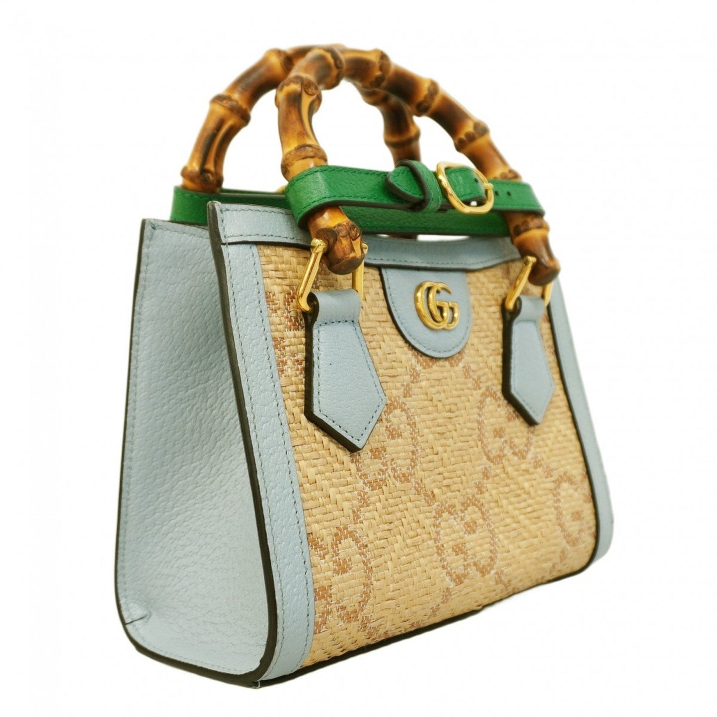 Gucci  blue Leather Raffia Handbag