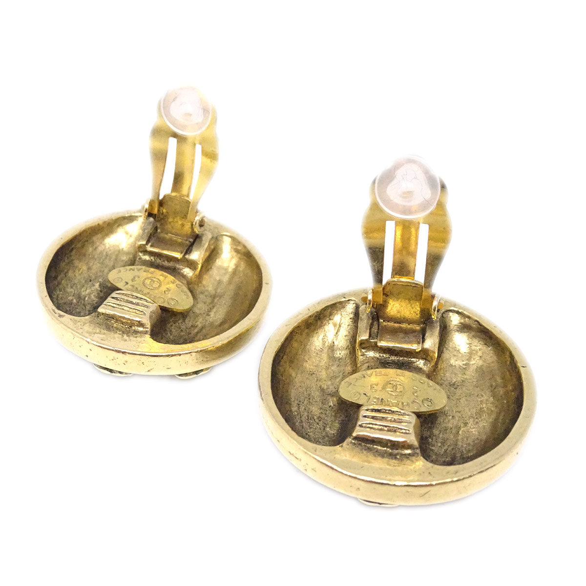 Luxury Chanel Button Rhinestone Earrings Clip-On Gold 23