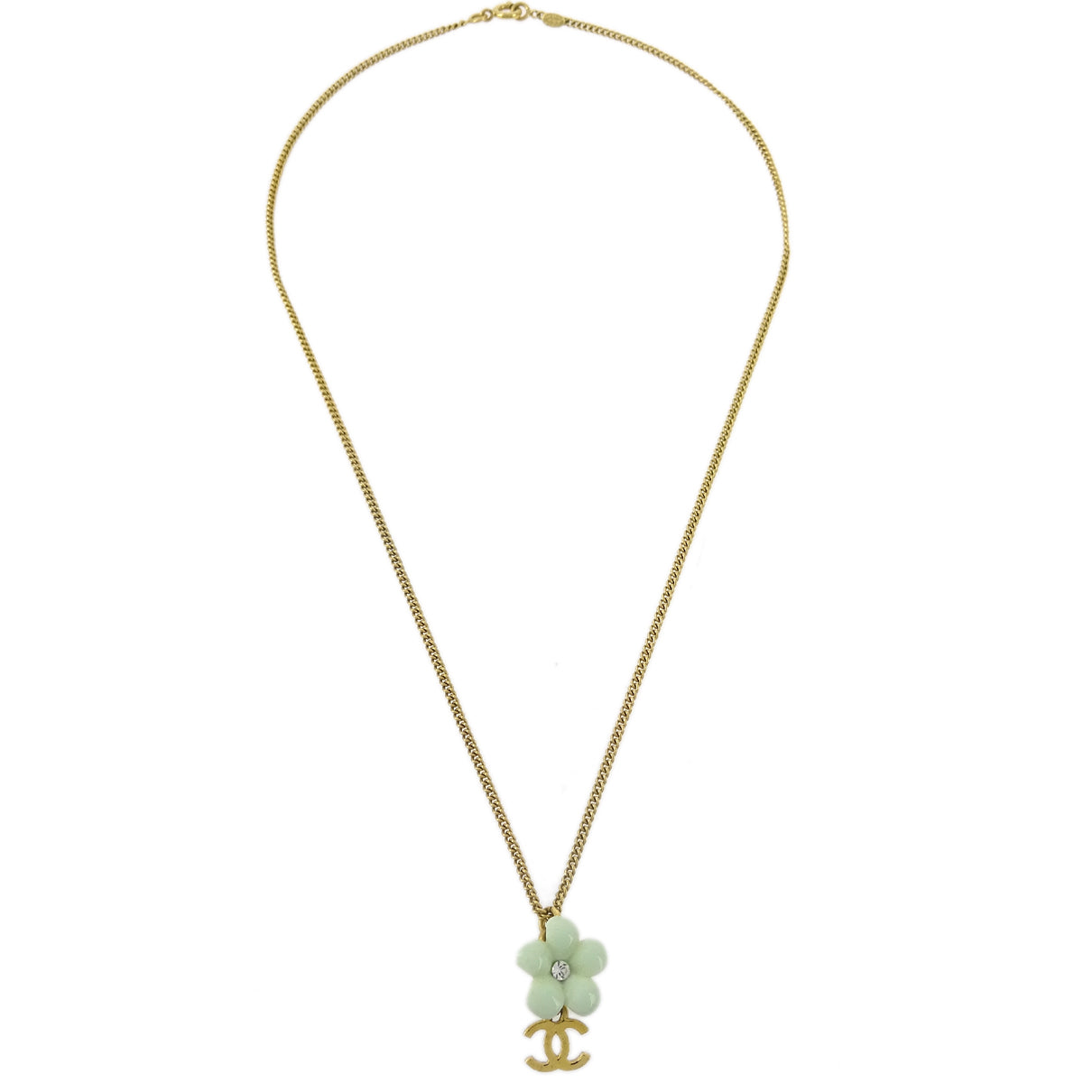 Chanel Flower Pendant Necklace Rhinestone Gold 05A