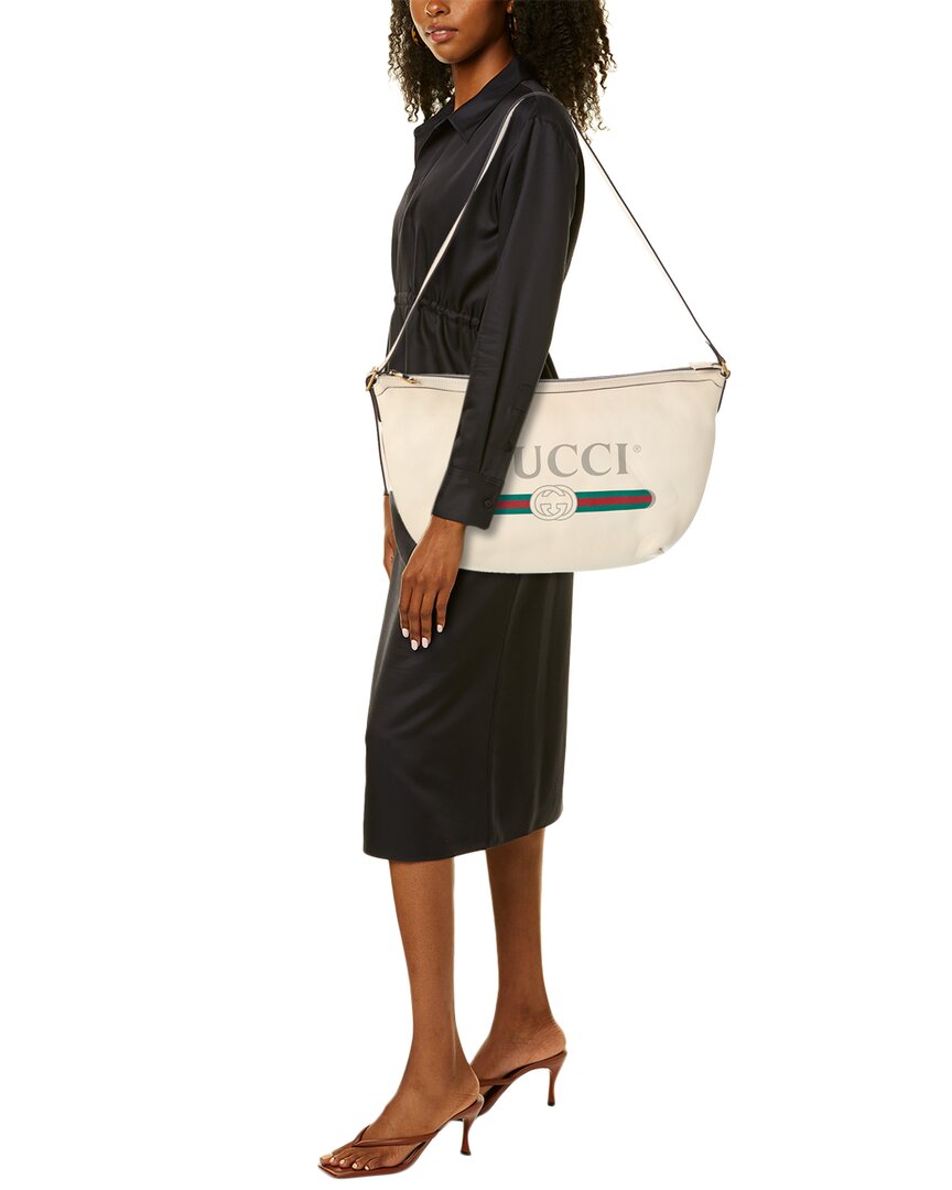 Gucci Logo Print Half Moon Leather Hobo Bag