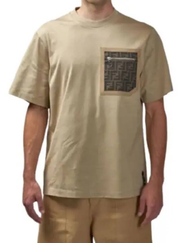 Luxury Fendi FF Logo Pocket Short Sleeve T-shirt Beige