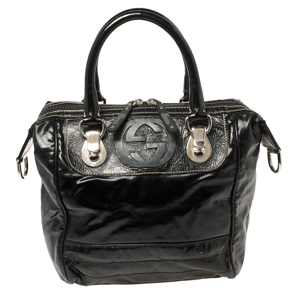 Luxury Gucci Trending 2025 Black Coated Canvas and Leather Dialux Snow Glam Boston Bag