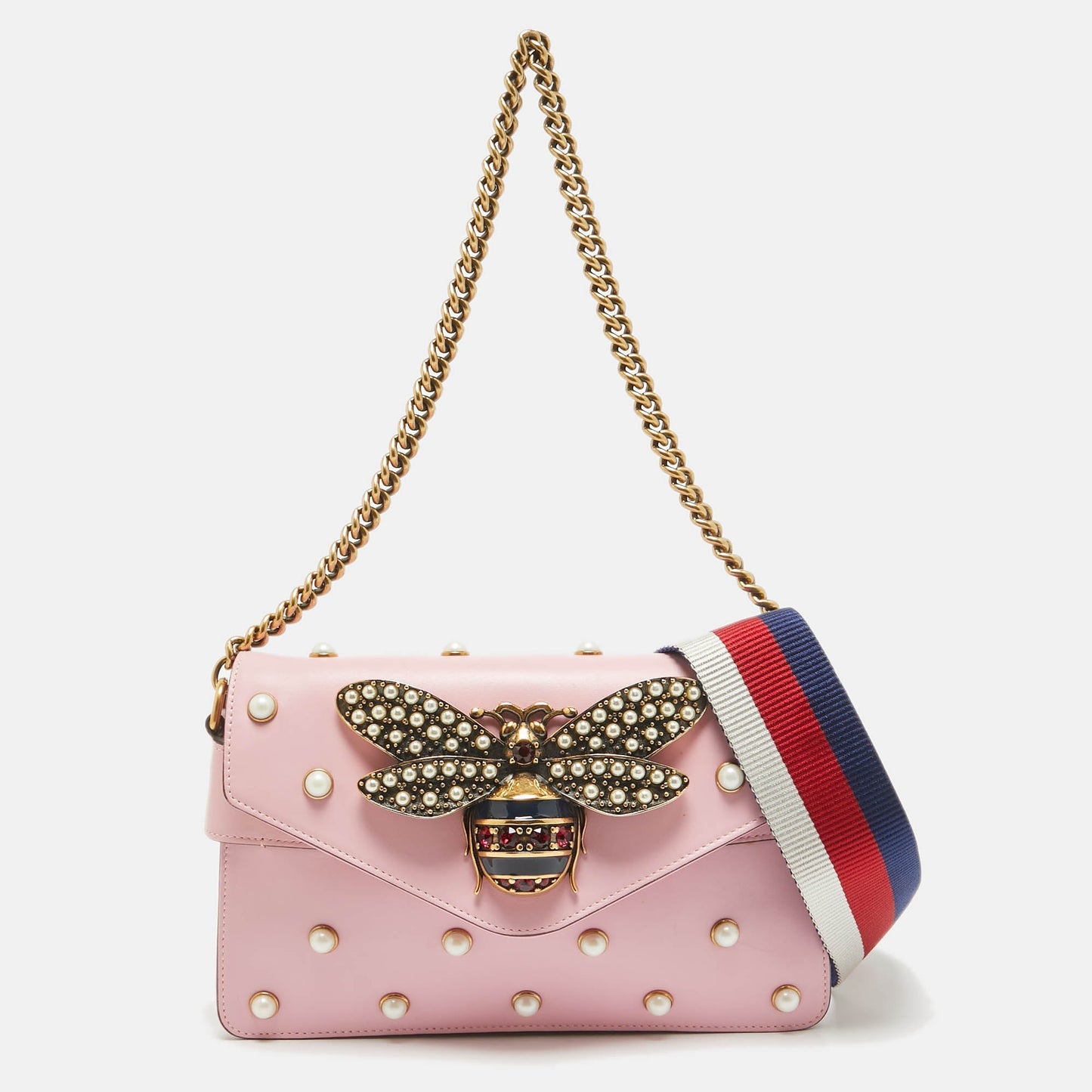 Luxury Gucci Trending 2025 Pink Leather Mini Pearl Queen Margaret Broadway Shoulder Bag