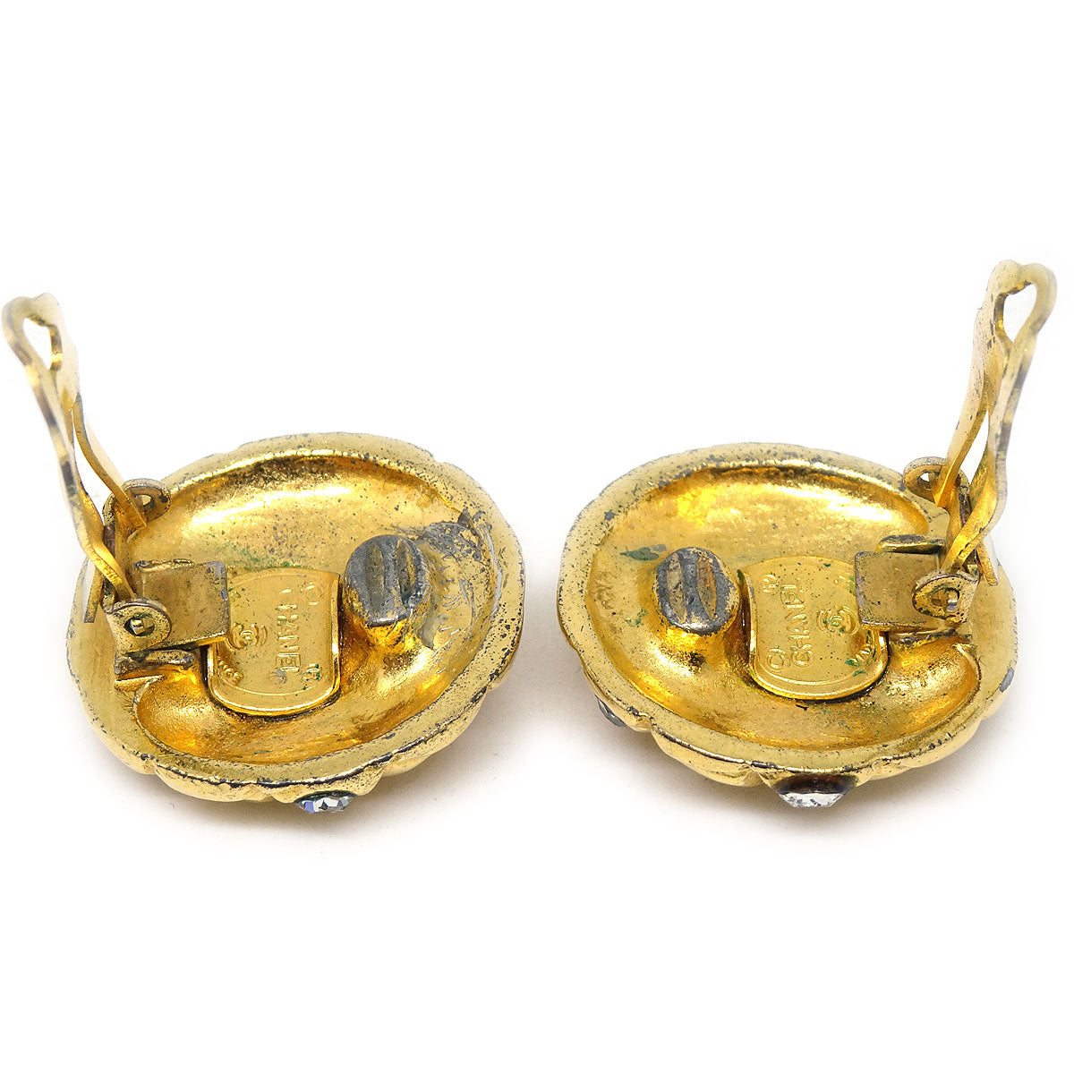 Luxury Chanel 1980s Crystal & Gold Quilted Earrings Clip-On