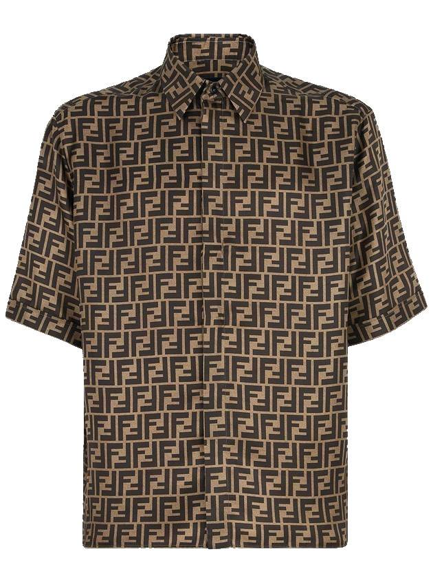 Luxury Fendi Men's FF Motif Silk Short Sleeve Shirt Brown